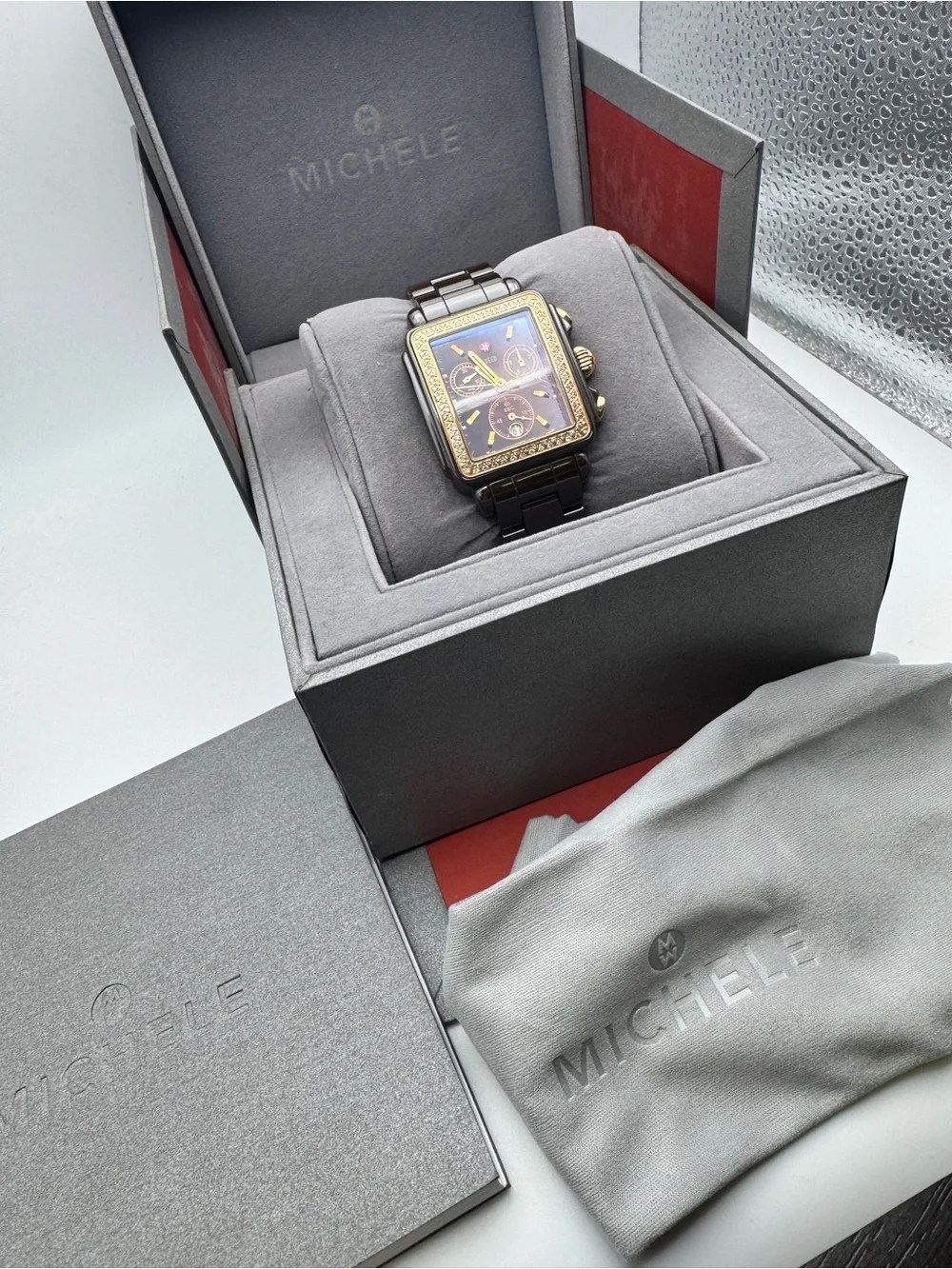 Rare!! Michele Deco Brown Madison Diamond ceramic watch